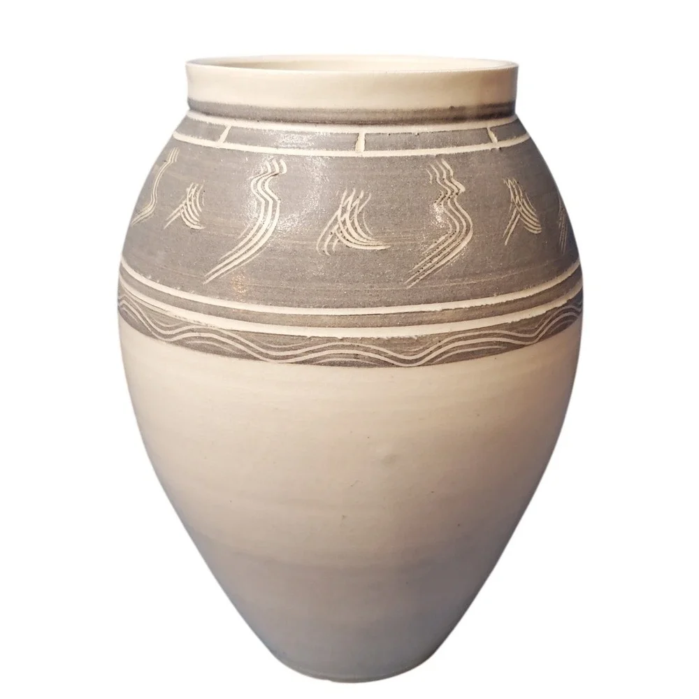 Handcrafted Ceramic Vase Gray White Swirl Etched Design‎ Rustic Southwestern